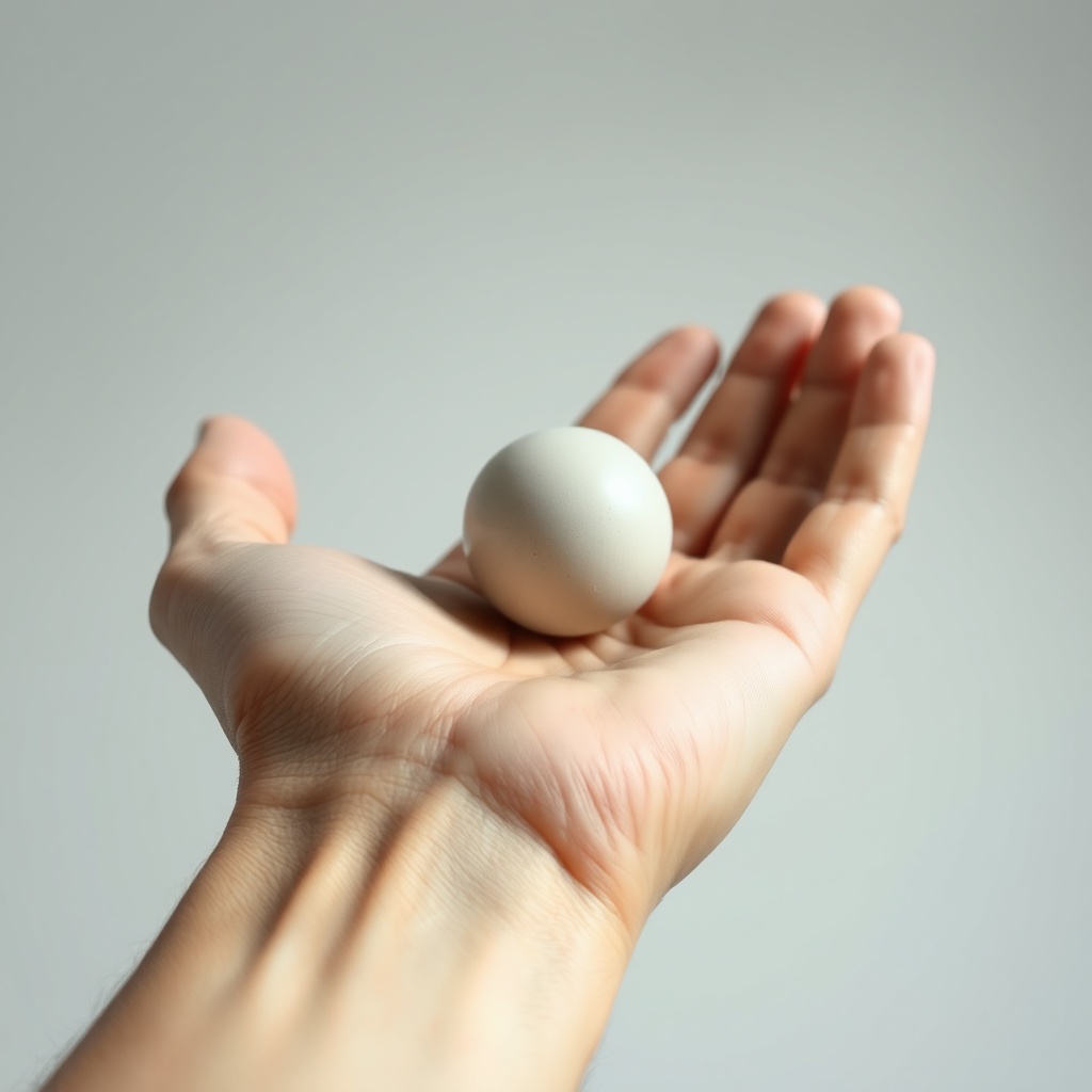 서비스 준비 자세에서 공이 펴진 손바닥 위에 정지해 있는 올바른 상태