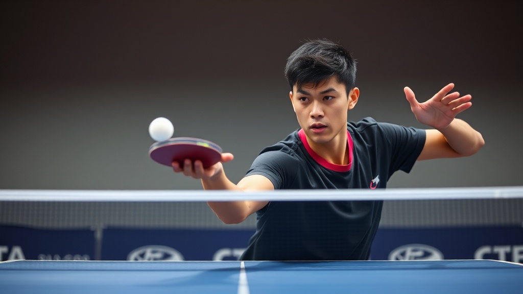 탁구 경기에서 규정에 맞는 서비스 자세를 보여주는 선수의 모습