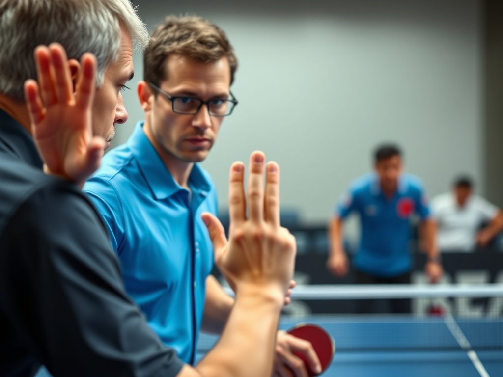 탁구 경기 중 심판이 서비스 반칙을 지적하고 있는 상황